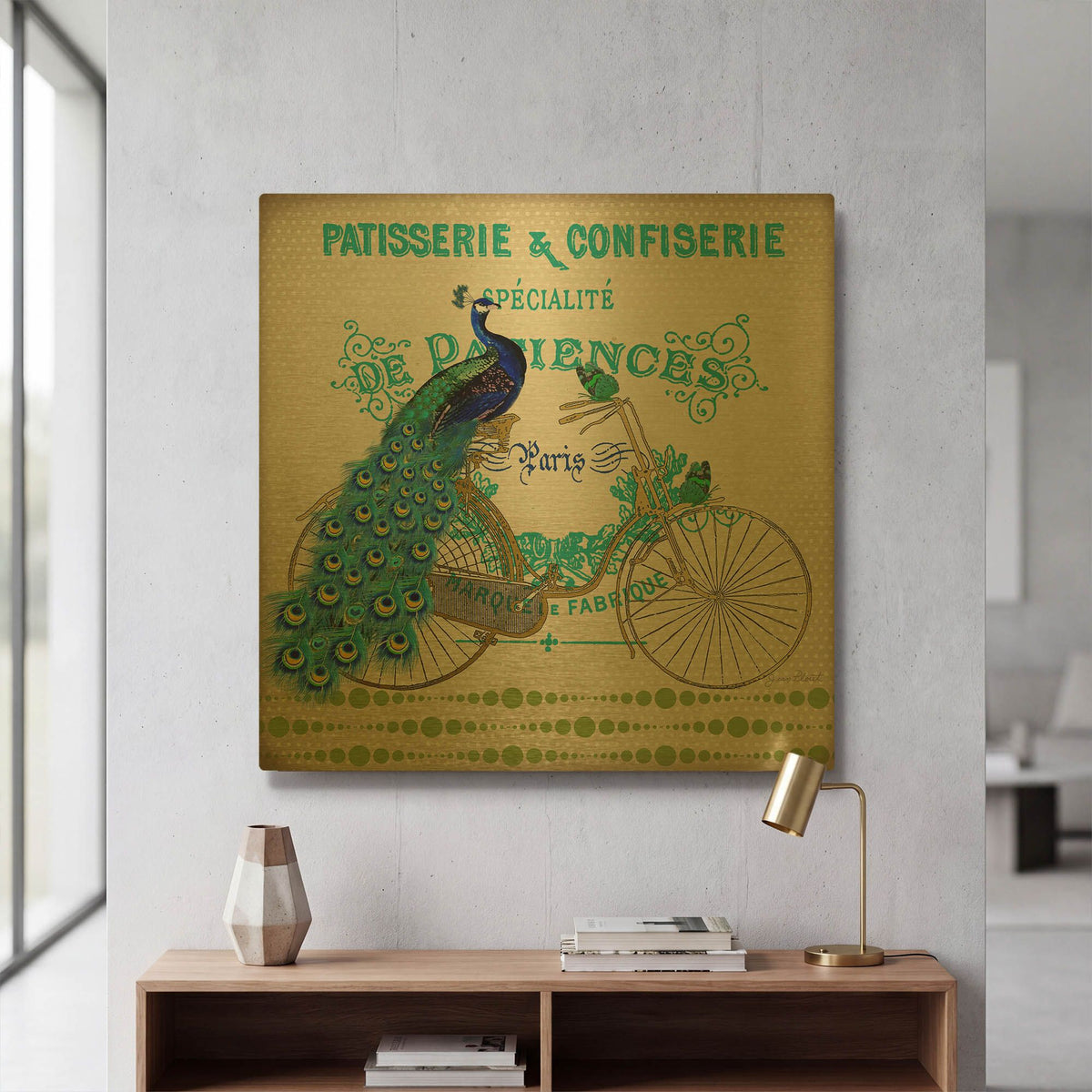 'Peacock On Bicylce 4' By Jean Plout Gold Metal Wall Art