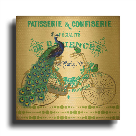 'Peacock On Bicylce 4' By Jean Plout Gold Metal Wall Art