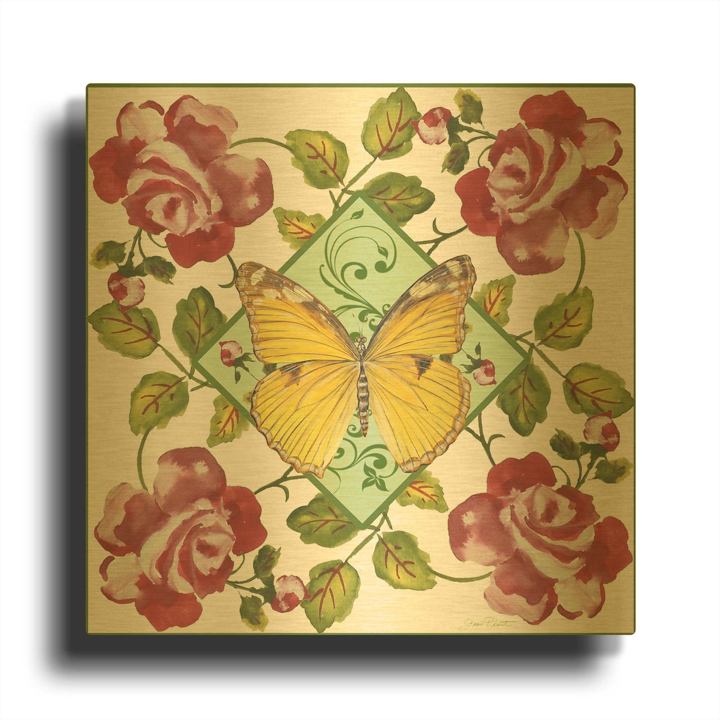 'Botanical Tea Rose' By Jean Plout Gold Metal Wall Art
