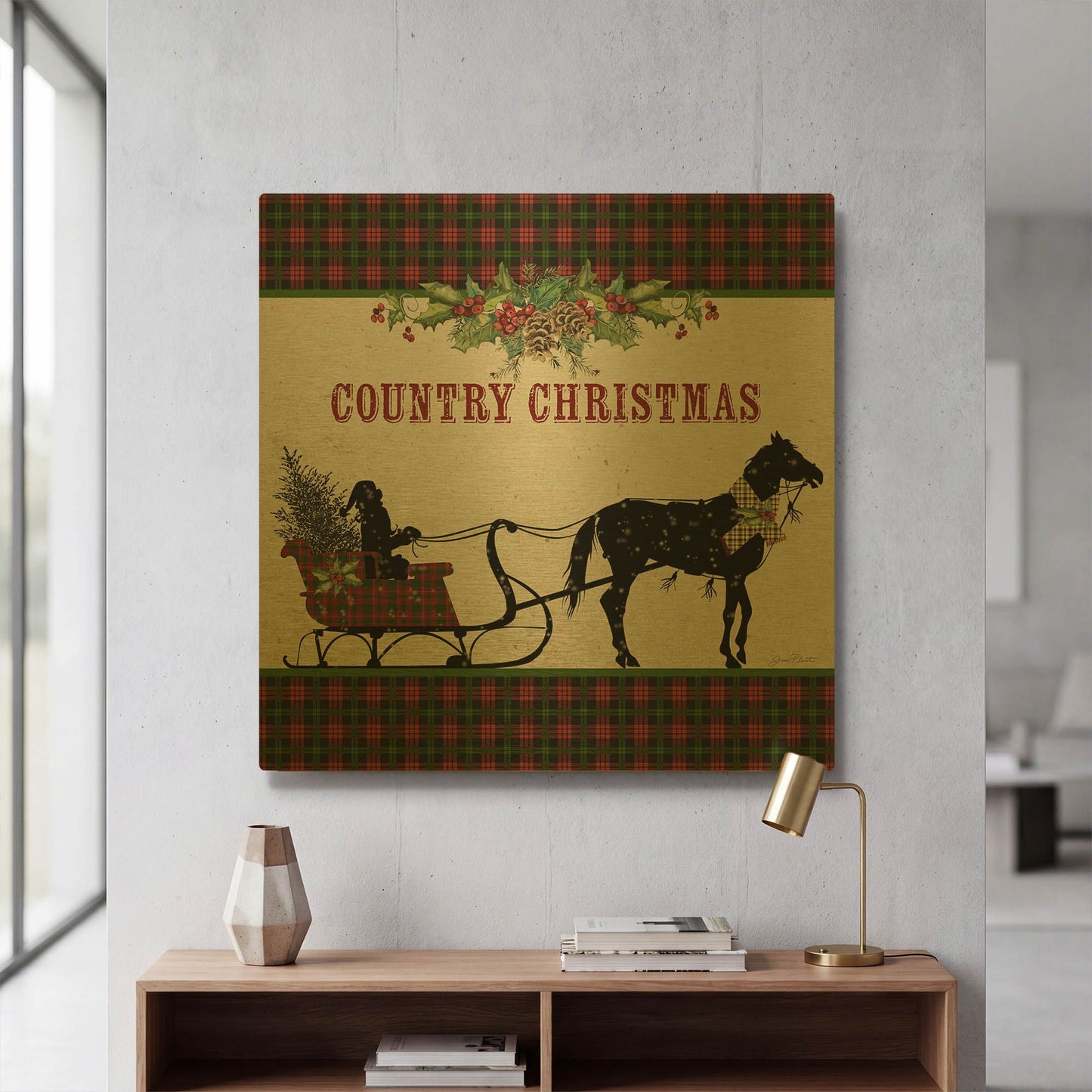 'Country Christmas 4' By Jean Plout Gold Metal Wall Art