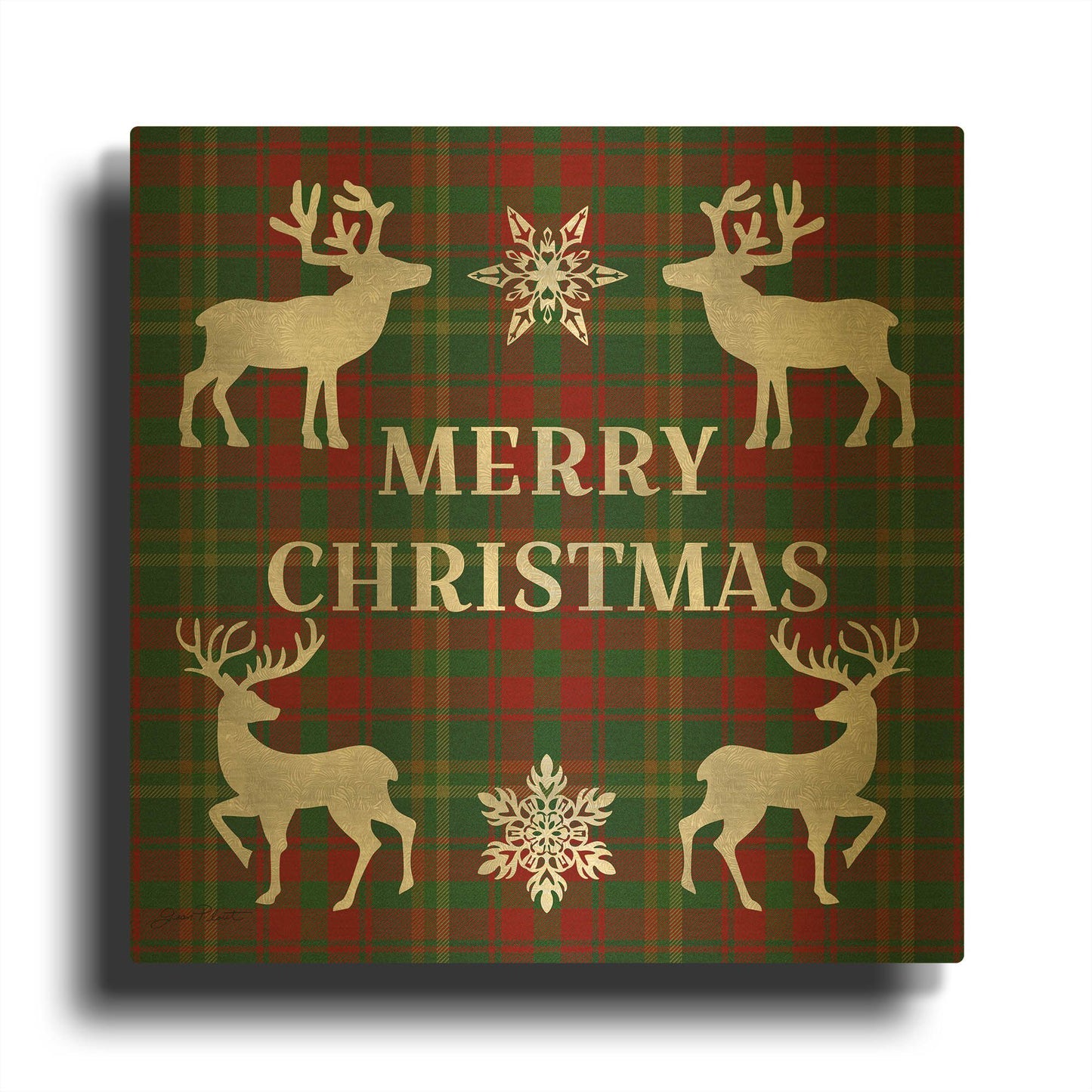'Merry Christmas Plaid Silver' By Jean Plout Gold Metal Wall Art