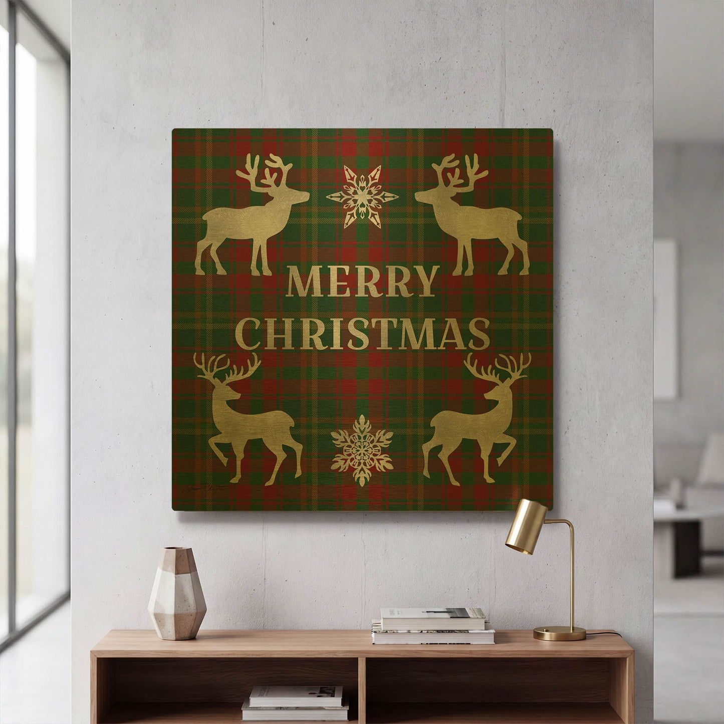 'Merry Christmas Plaid Silver' By Jean Plout Gold Metal Wall Art