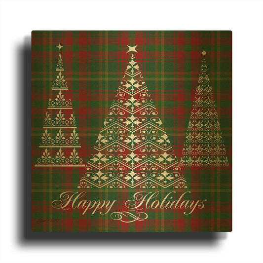 'Happy Holidays Plaid Silver' By Jean Plout Gold Metal Wall Art