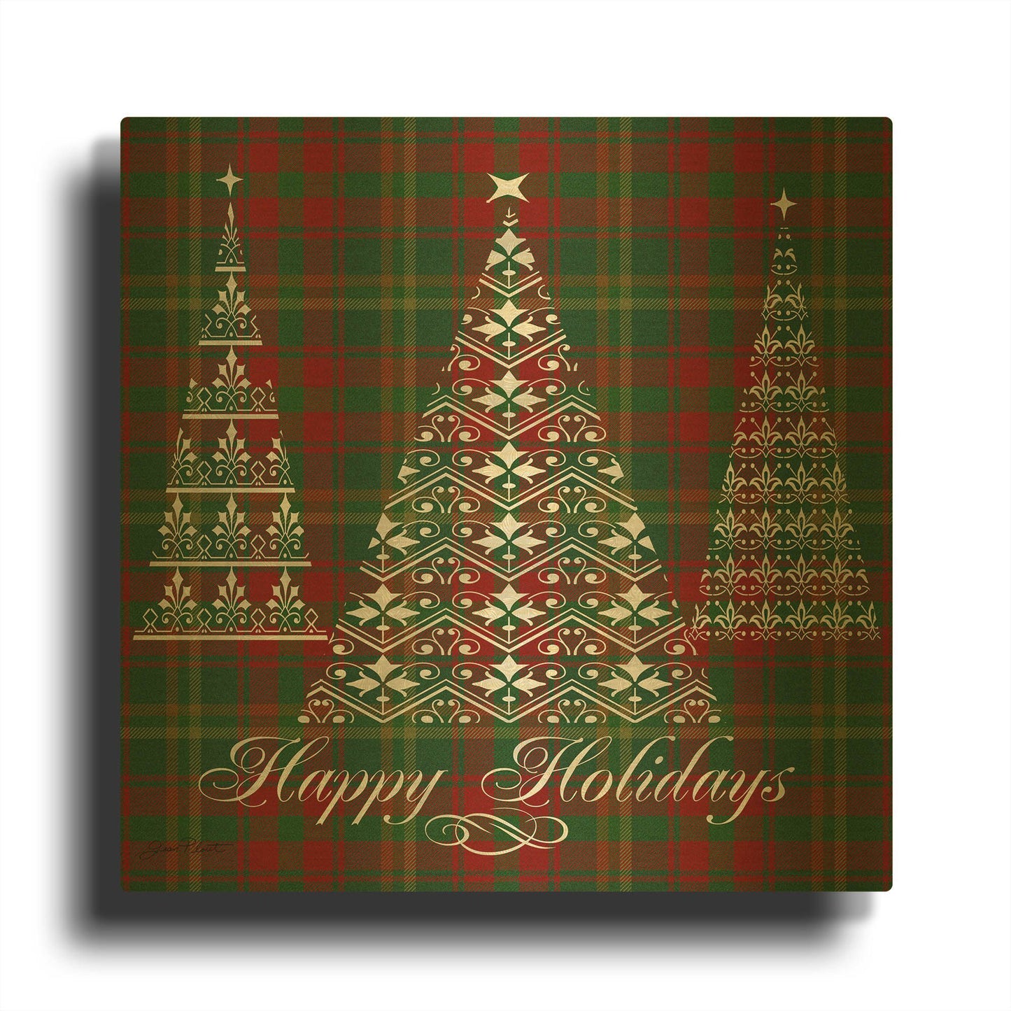 'Happy Holidays Plaid Silver' By Jean Plout Gold Metal Wall Art