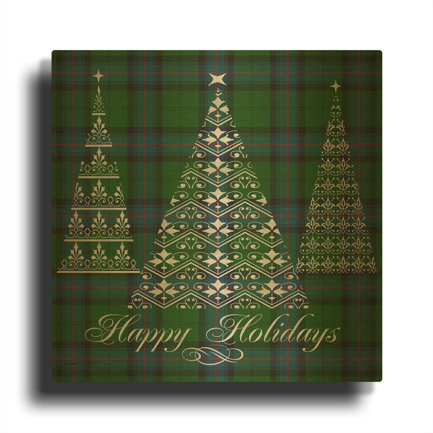 'Happy Holidays Plaid Green' By Jean Plout Gold Metal Wall Art
