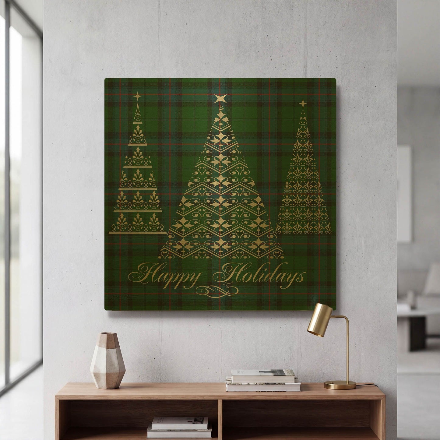 'Happy Holidays Plaid Green' By Jean Plout Gold Metal Wall Art