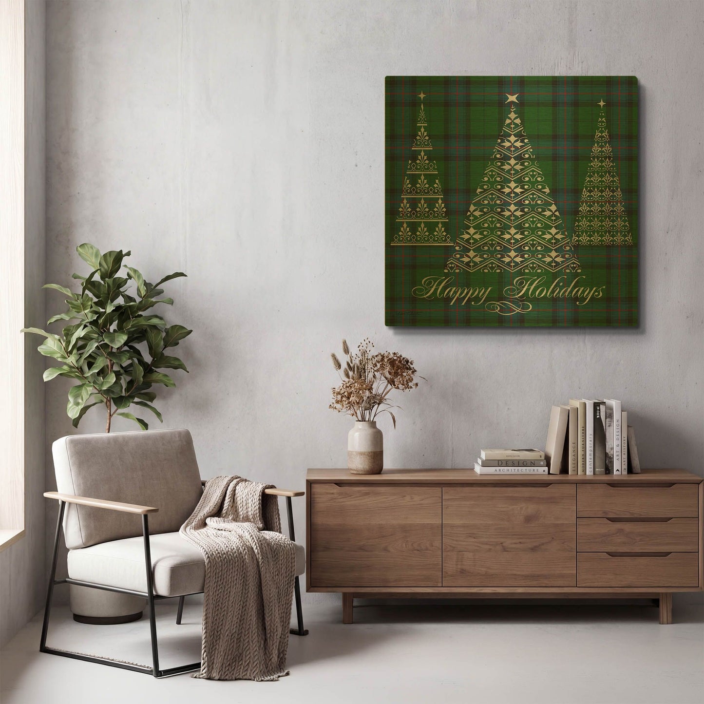 'Happy Holidays Plaid Green' By Jean Plout Gold Metal Wall Art