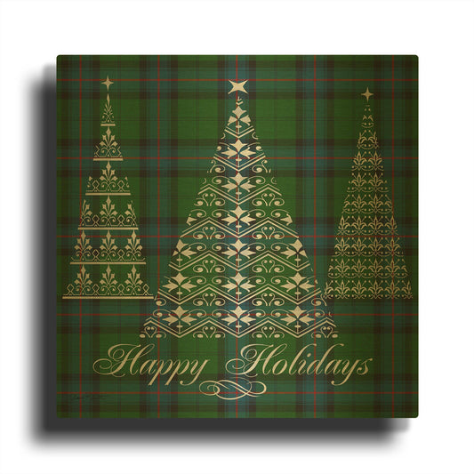 'Happy Holidays Plaid Green' By Jean Plout Gold Metal Wall Art