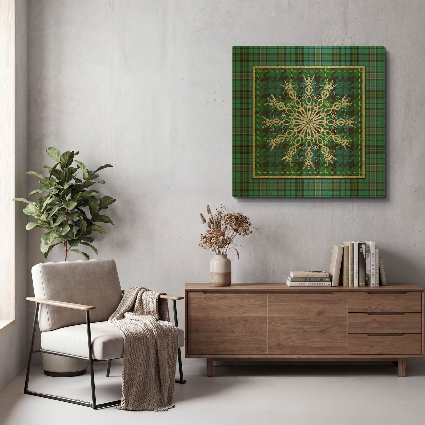 'Plaid Snowflakes 6' By Jean Plout Gold Metal Wall Art