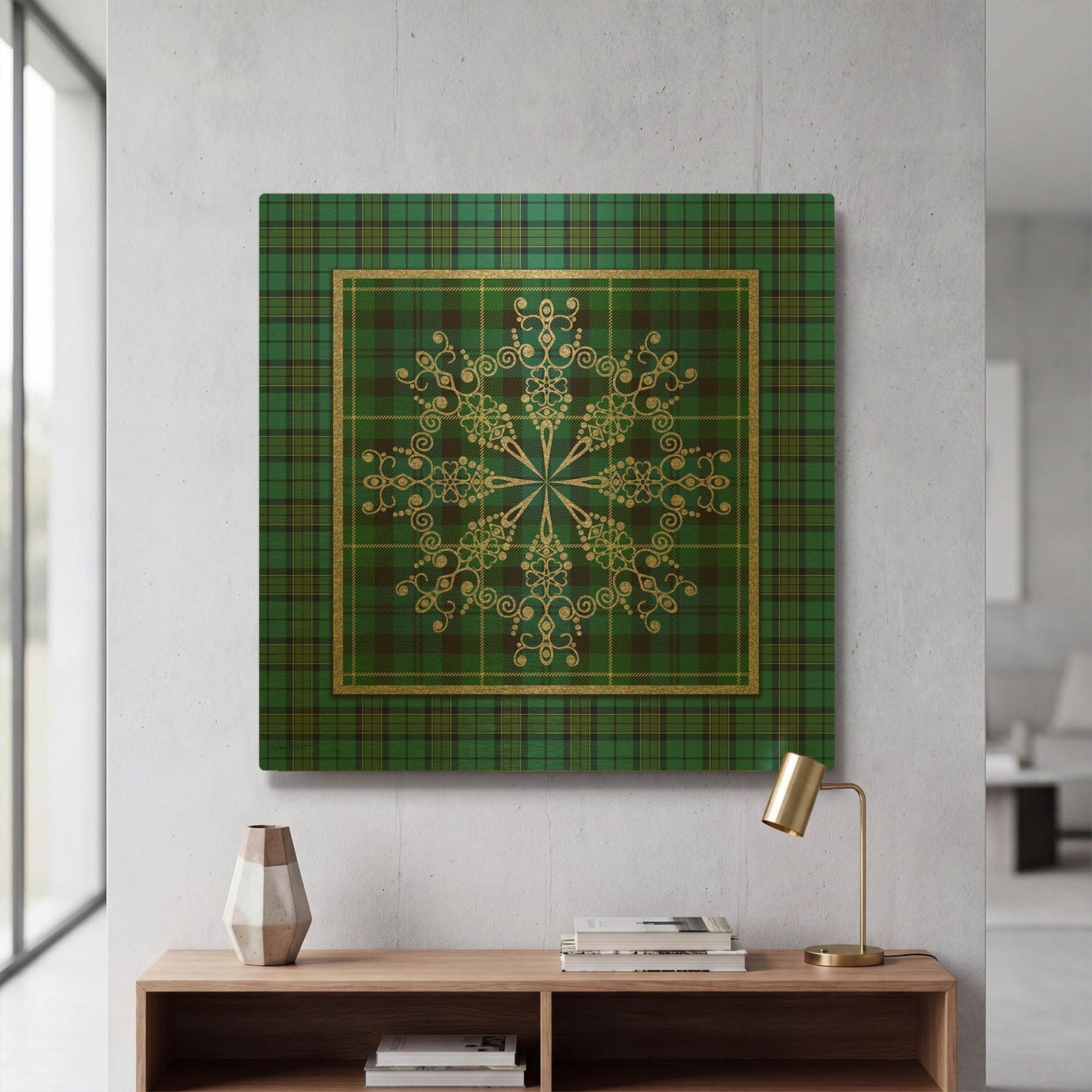 'Plaid Snowflakes 4' By Jean Plout Gold Metal Wall Art