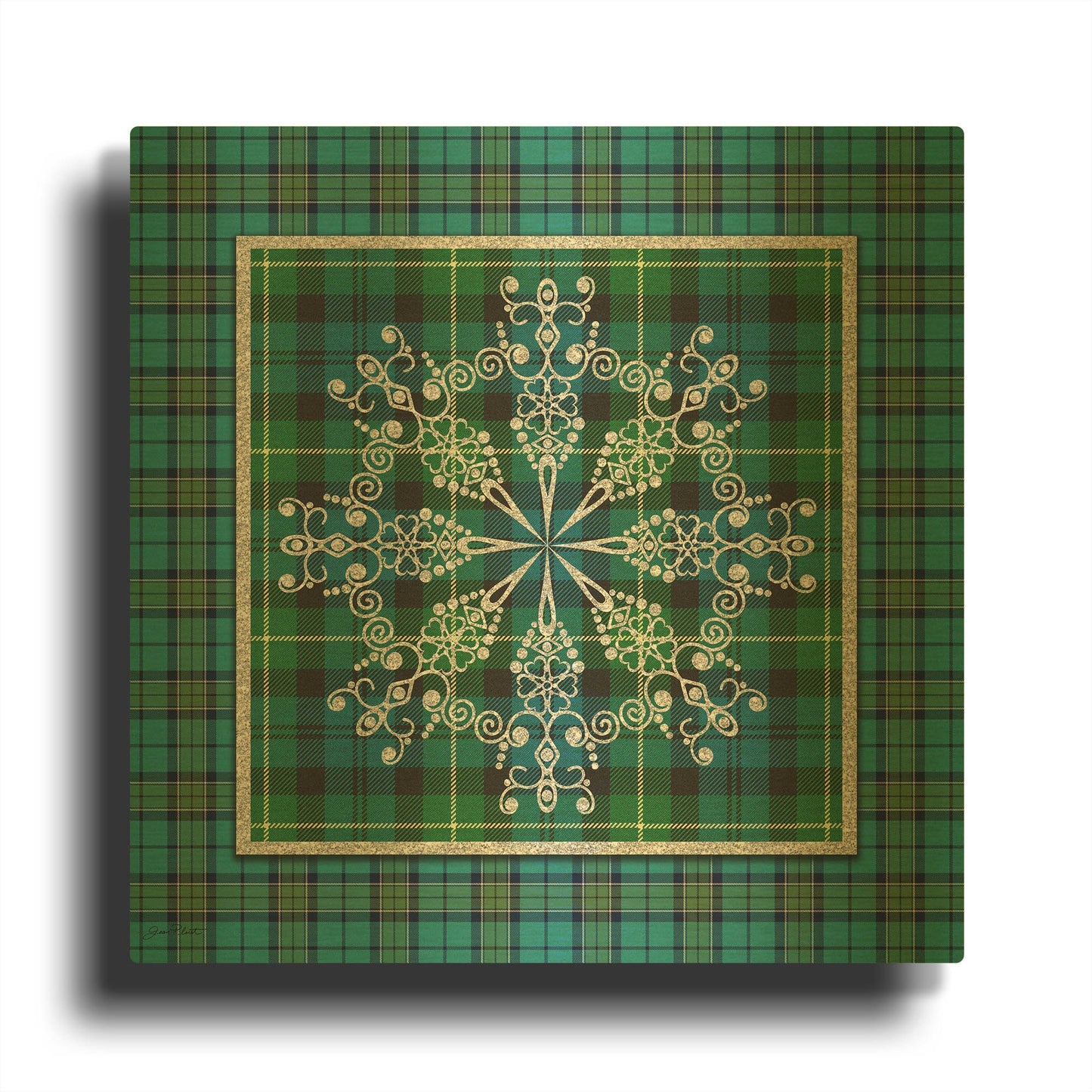 'Plaid Snowflakes 4' By Jean Plout Gold Metal Wall Art