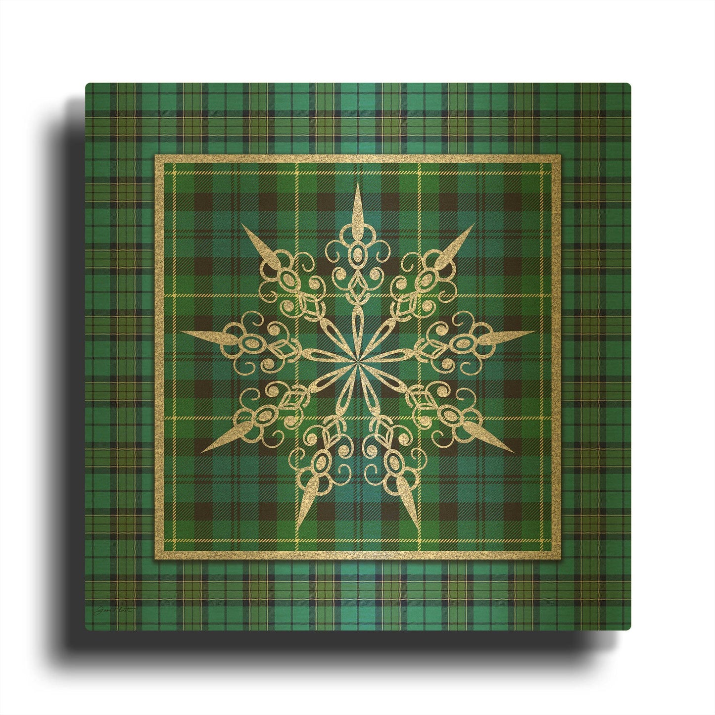 'Plaid Snowflakes 3' By Jean Plout Gold Metal Wall Art
