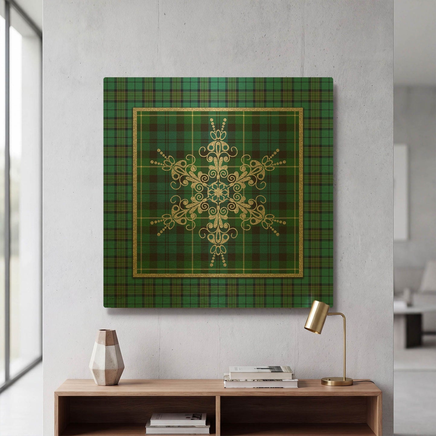 'Plaid Snowflakes 2' By Jean Plout Gold Metal Wall Art