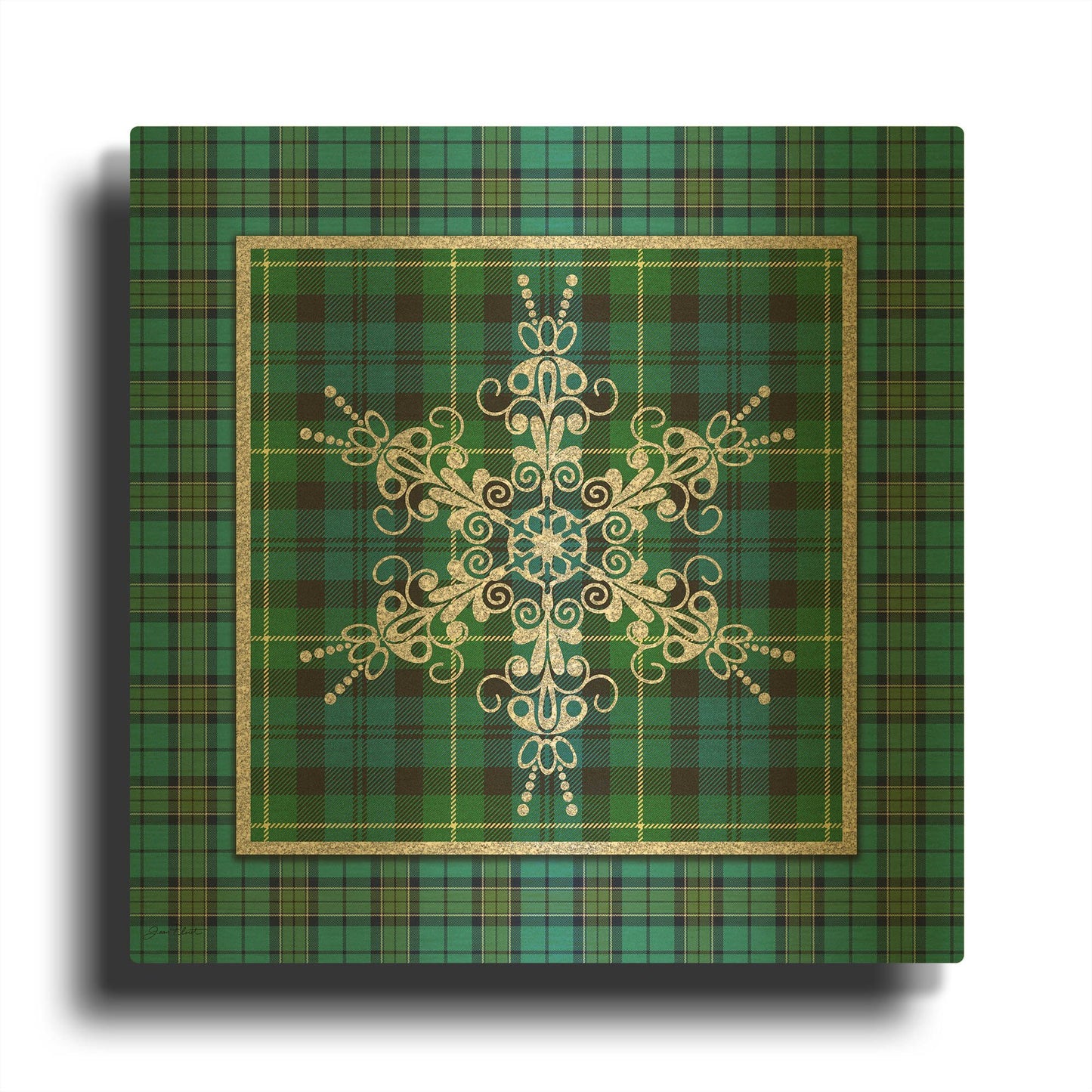 'Plaid Snowflakes 2' By Jean Plout Gold Metal Wall Art