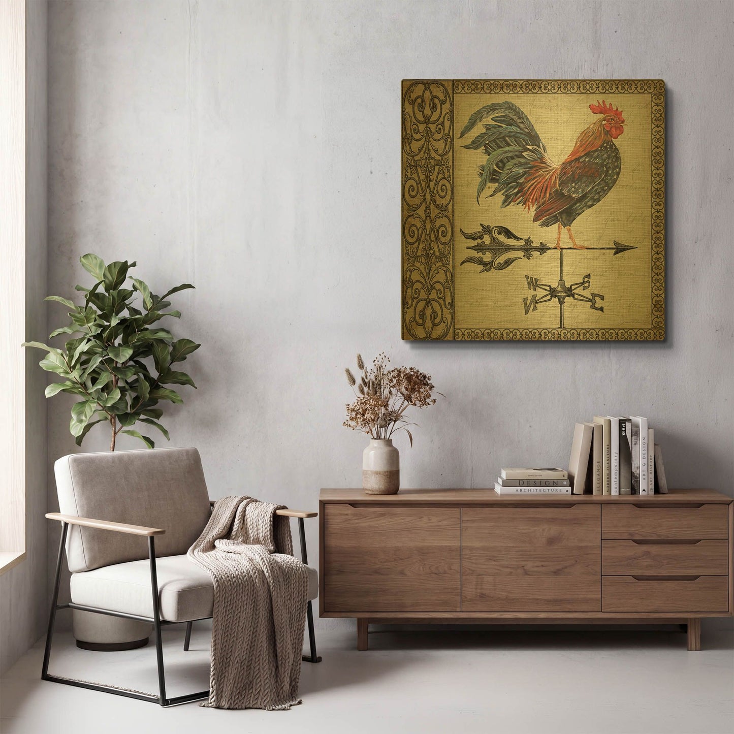 'Rustic Rooster 4' By Jean Plout Gold Metal Wall Art