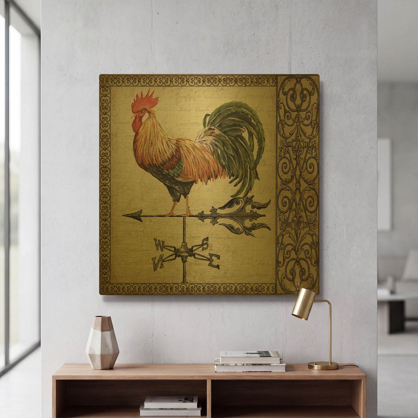 'Rustic Rooster 3' By Jean Plout Gold Metal Wall Art