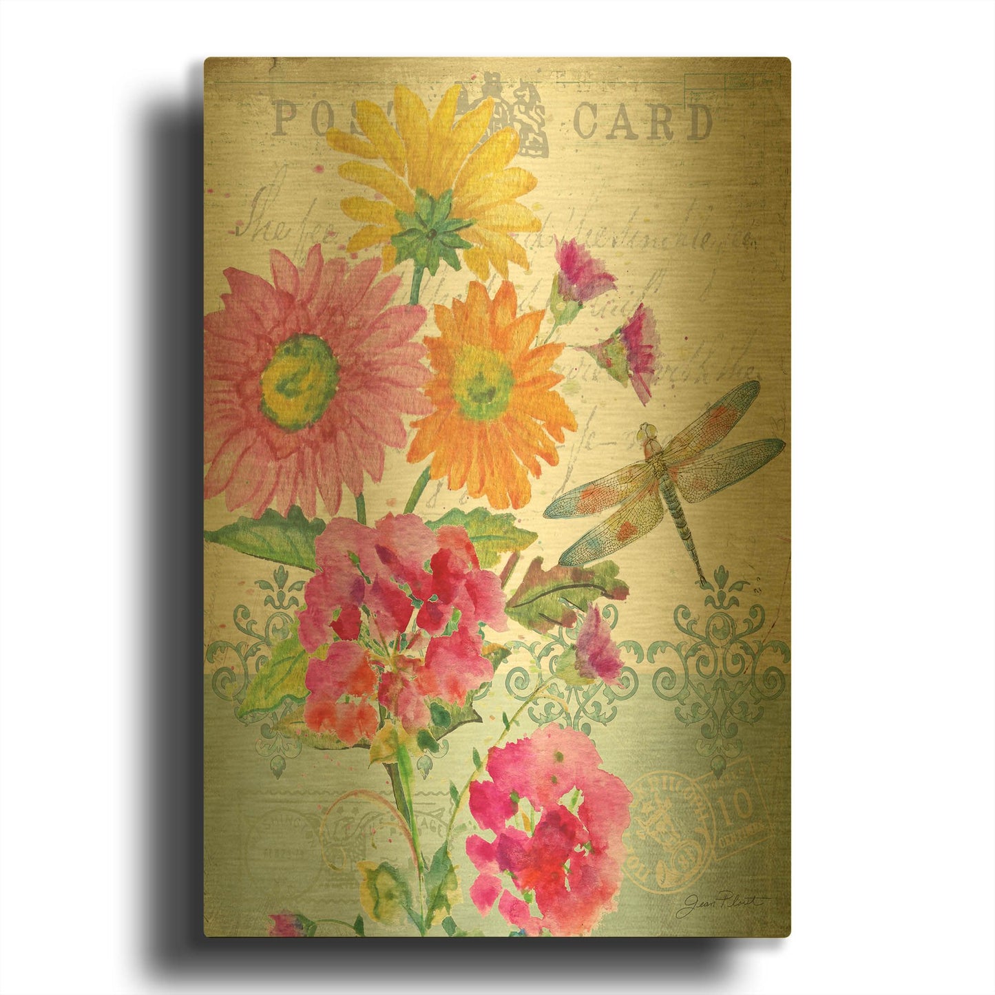 'Postcard Botanicals 3' By Jean Plout Gold Metal Wall Art