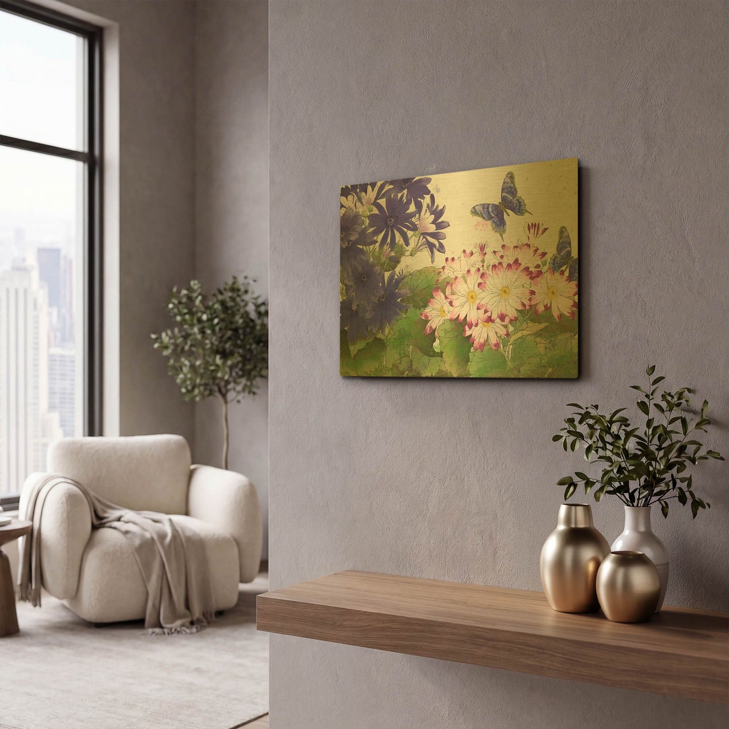 'Florals And Butterflies 3' By Jean Plout Gold Metal Wall Art