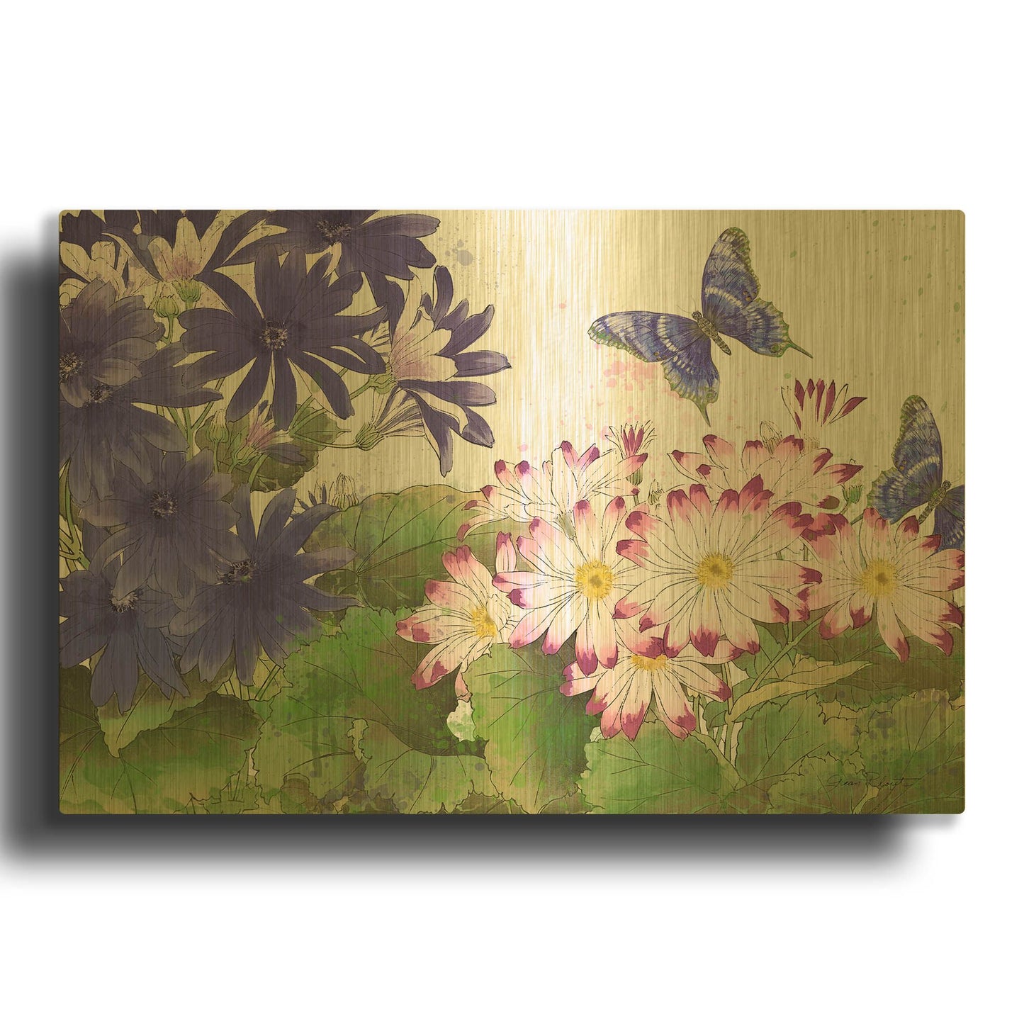 'Florals And Butterflies 3' By Jean Plout Gold Metal Wall Art