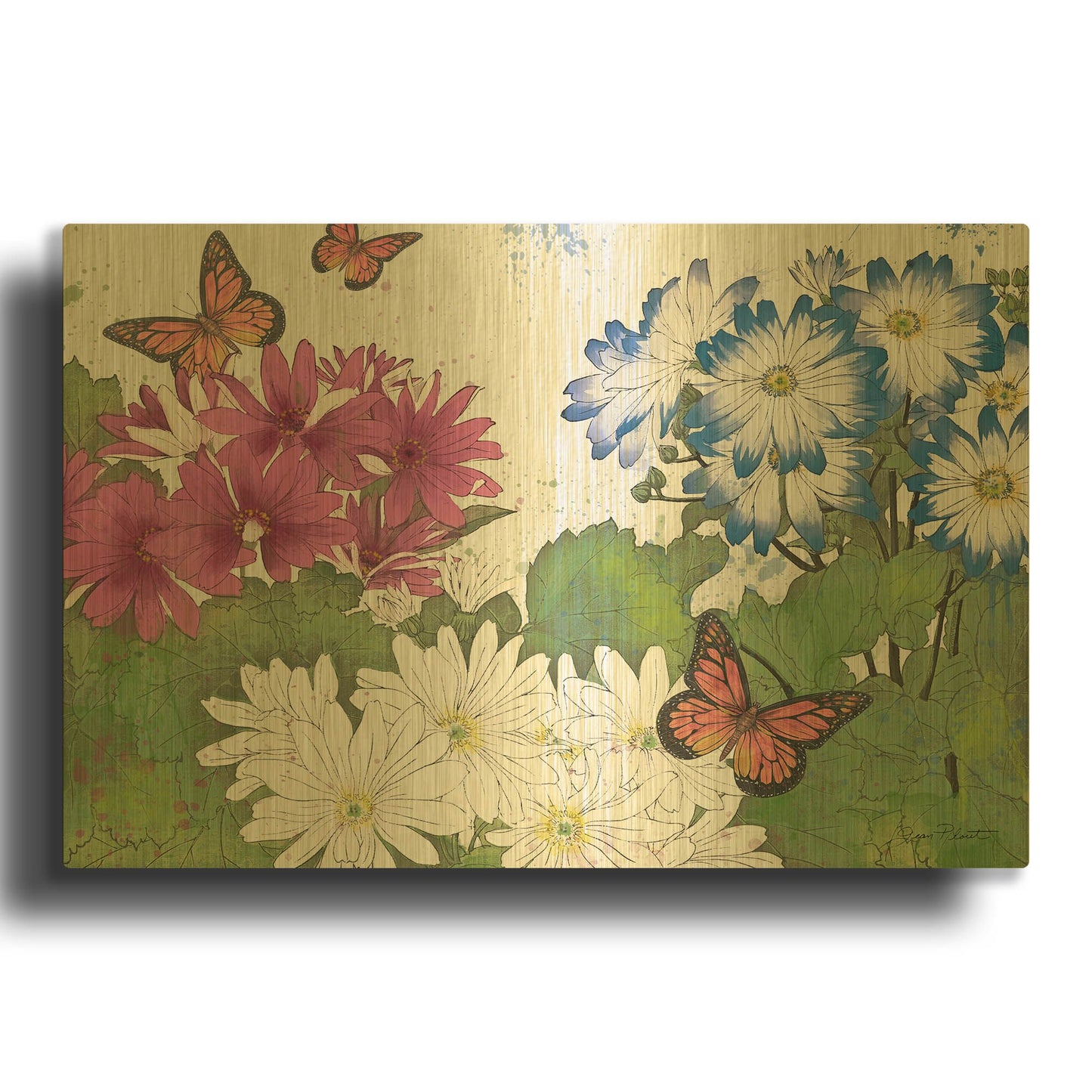 'Florals And Butterflies 2' By Jean Plout Gold Metal Wall Art