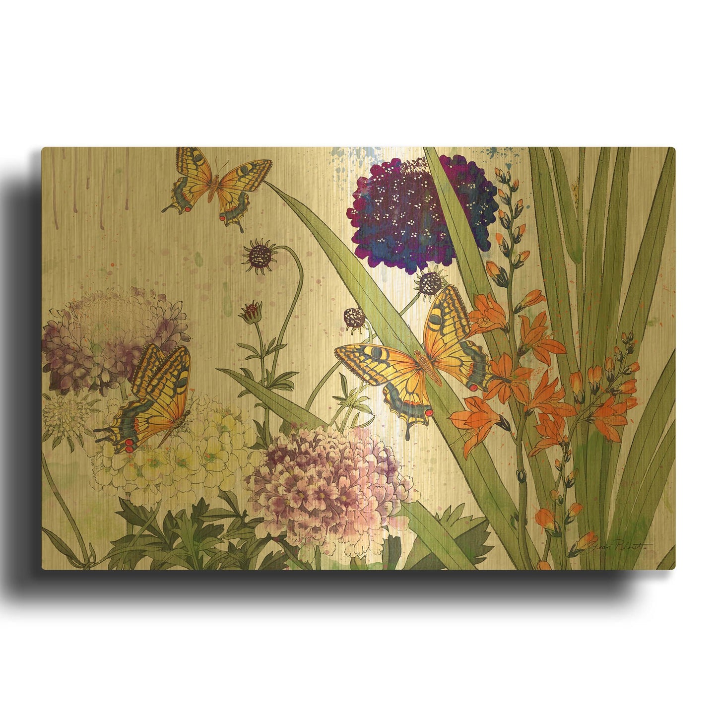 'Florals And Butterflies 1' By Jean Plout Gold Metal Wall Art