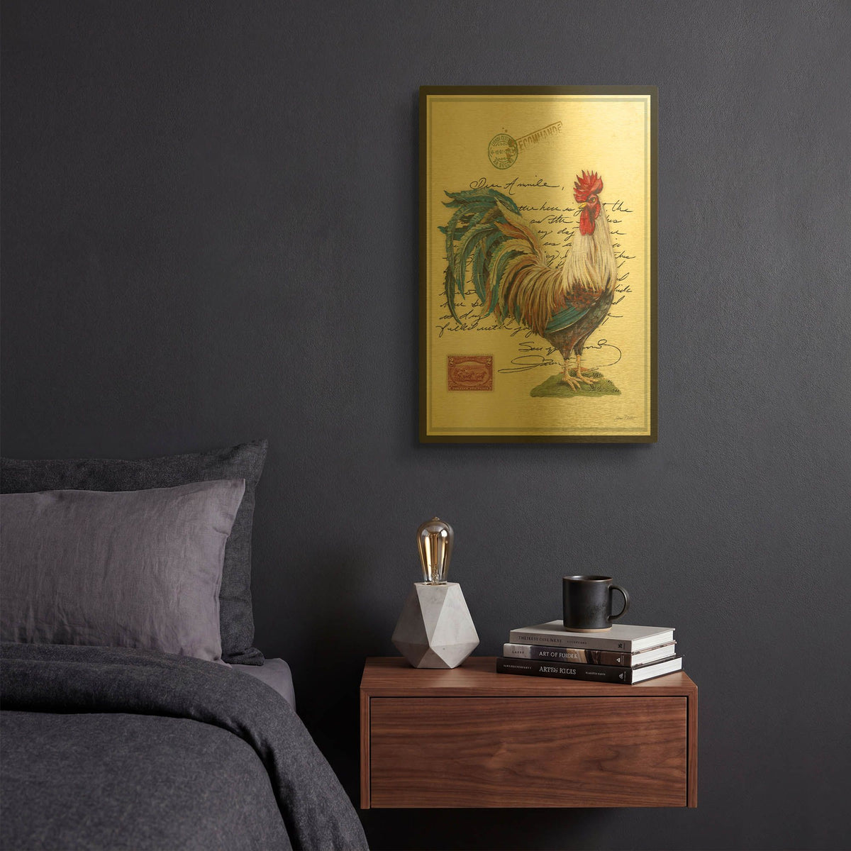 'Postage Stamp Rooster' By Jean Plout Gold Metal Wall Art