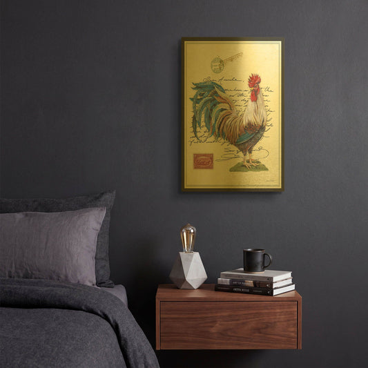 'Postage Stamp Rooster' By Jean Plout Gold Metal Wall Art