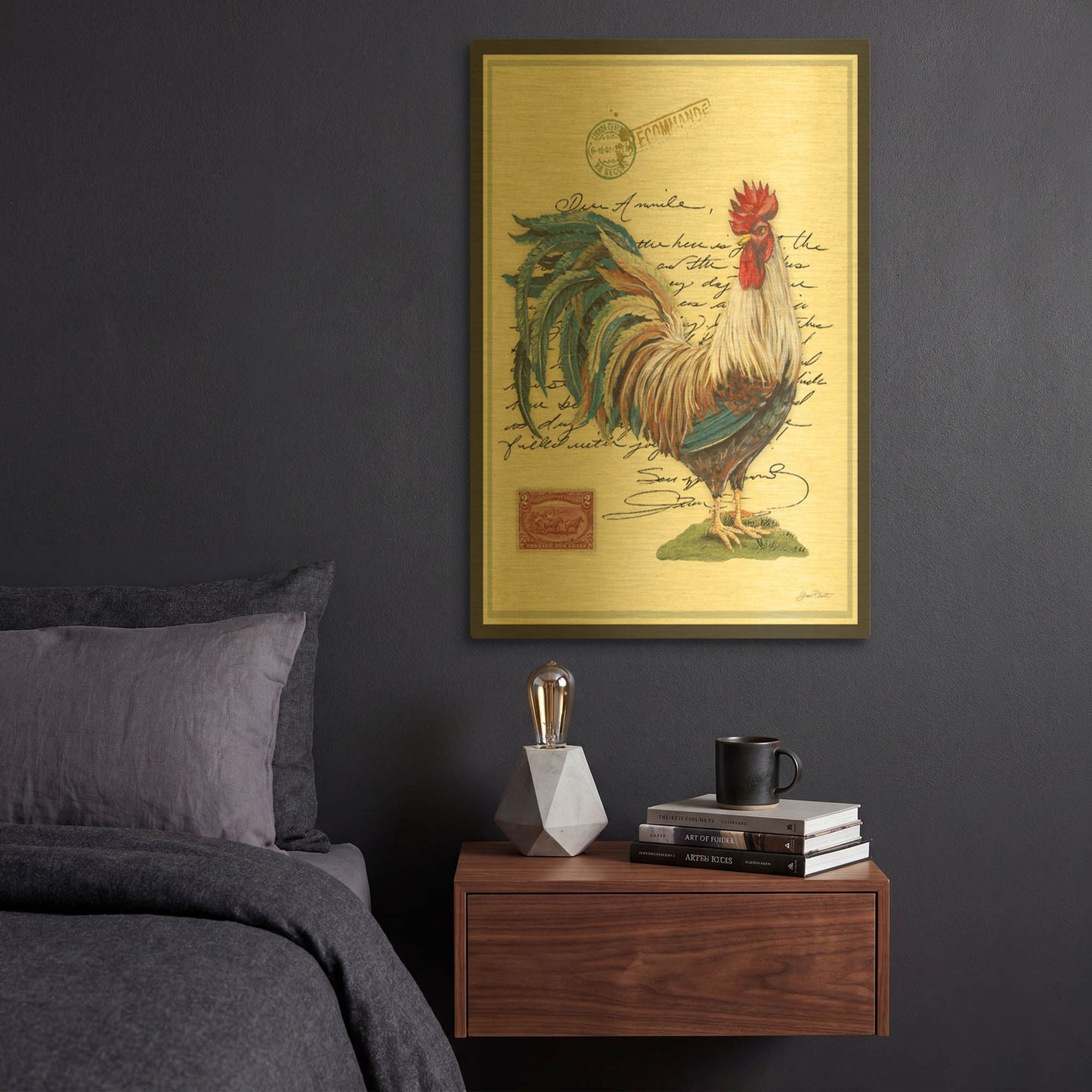 'Postage Stamp Rooster' By Jean Plout Gold Metal Wall Art