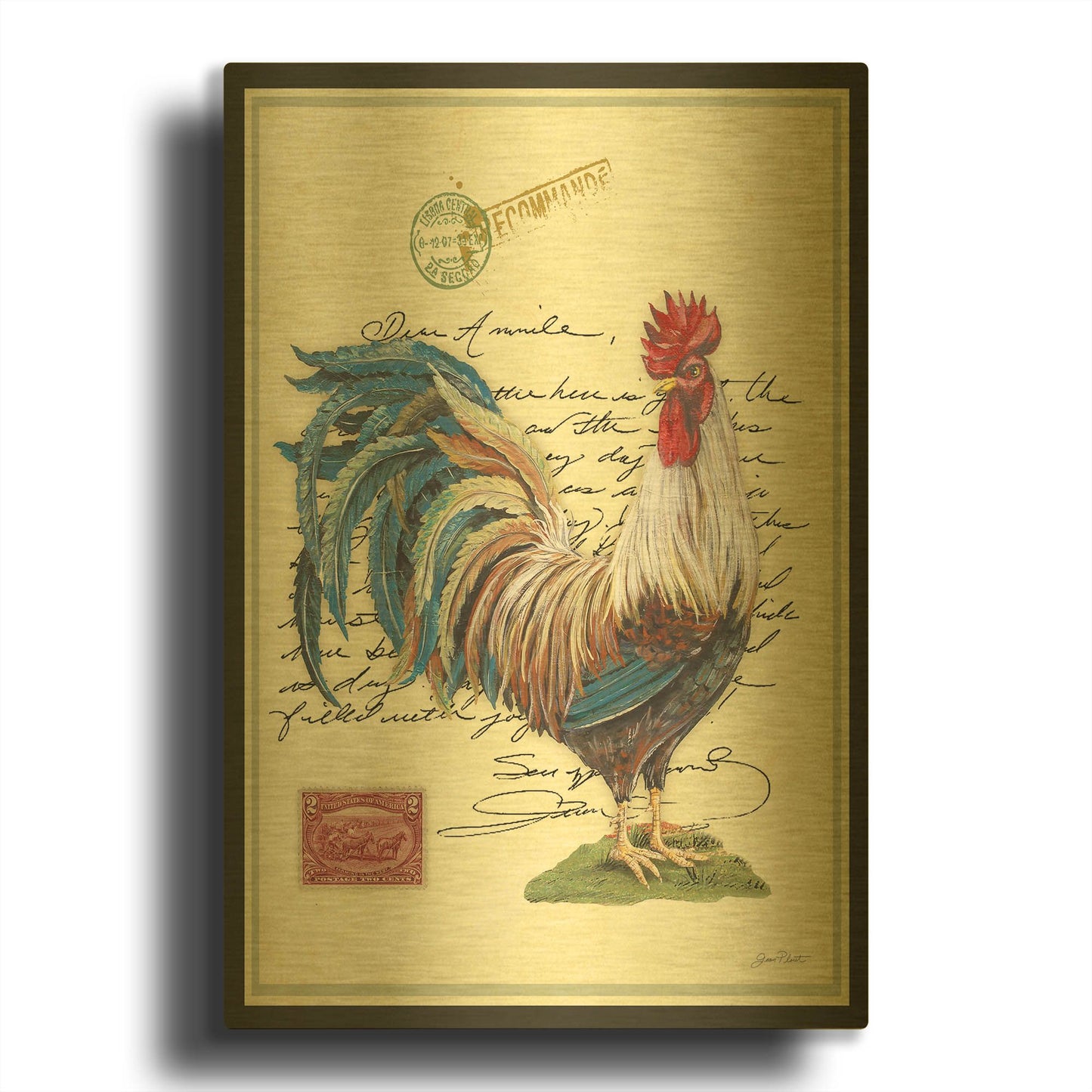 'Postage Stamp Rooster' By Jean Plout Gold Metal Wall Art
