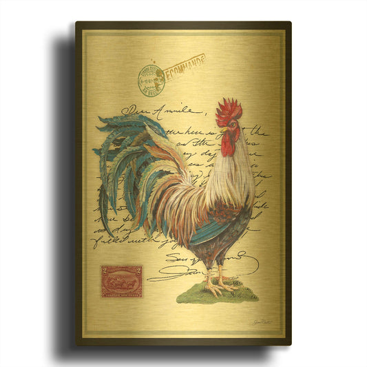 'Postage Stamp Rooster' By Jean Plout Gold Metal Wall Art