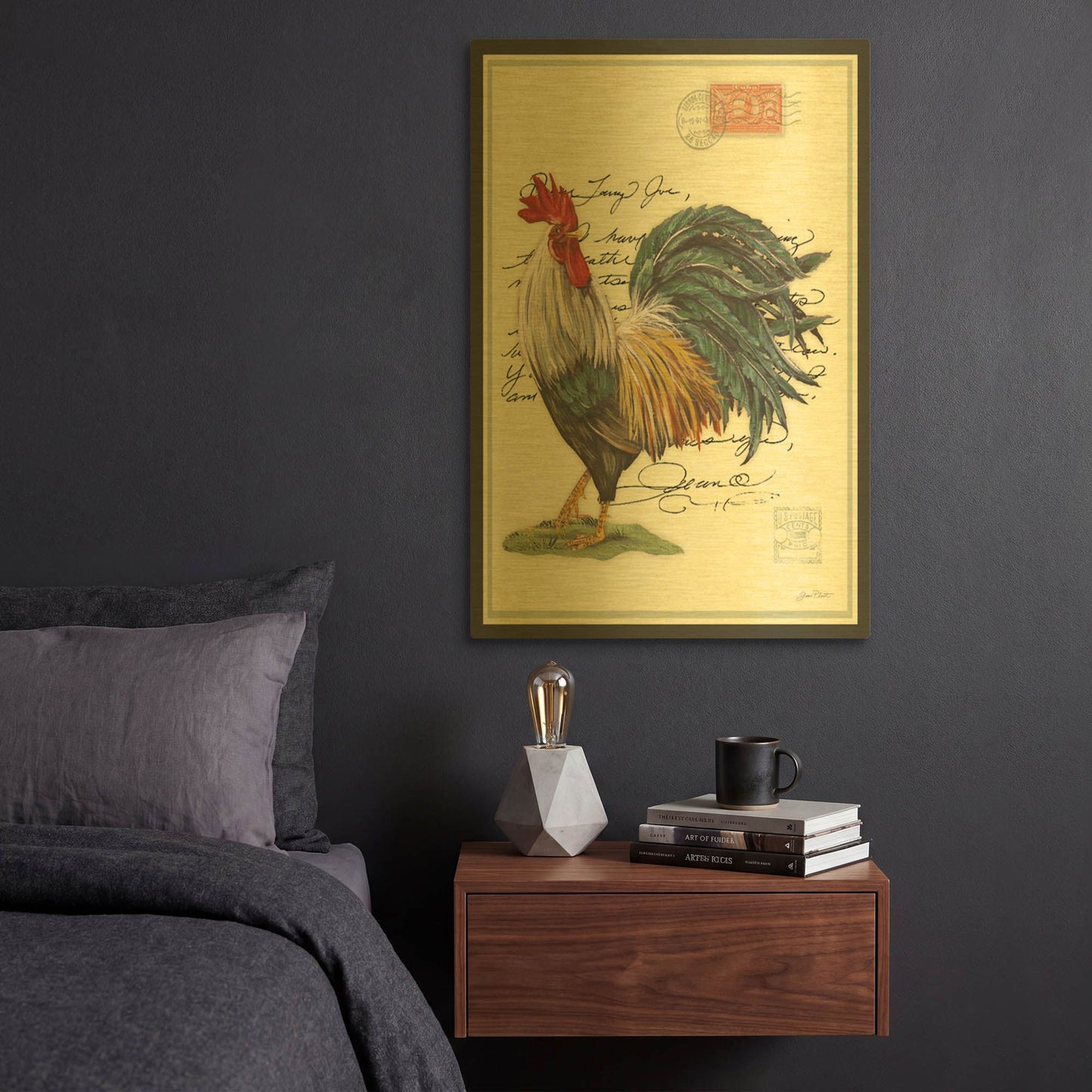 'Poster Stamp Rooster' By Jean Plout Gold Metal Wall Art