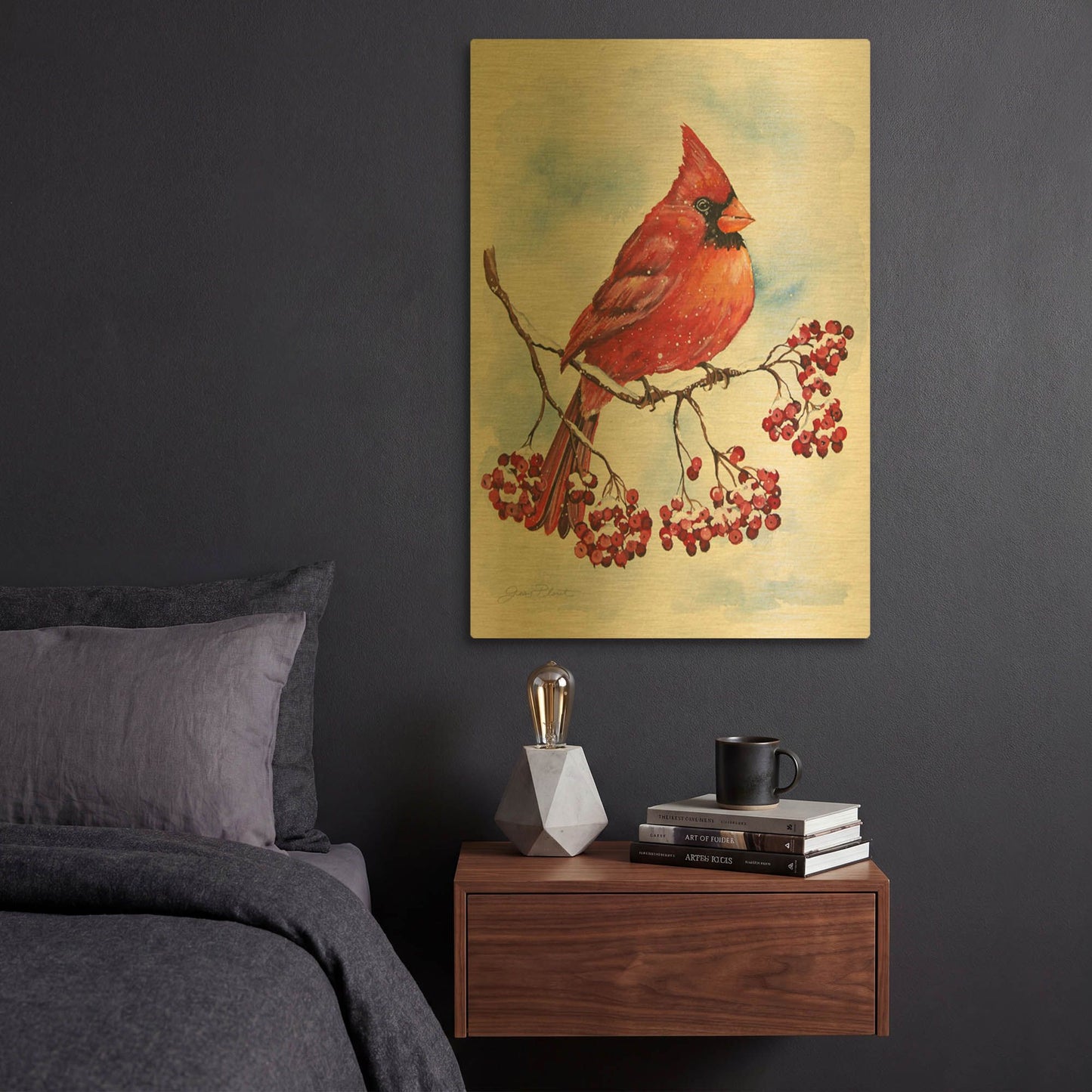 'Cardinal And Winter Berries 2' By Jean Plout Gold Metal Wall Art