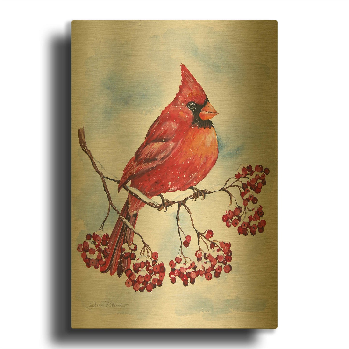 'Cardinal And Winter Berries 2' By Jean Plout Gold Metal Wall Art