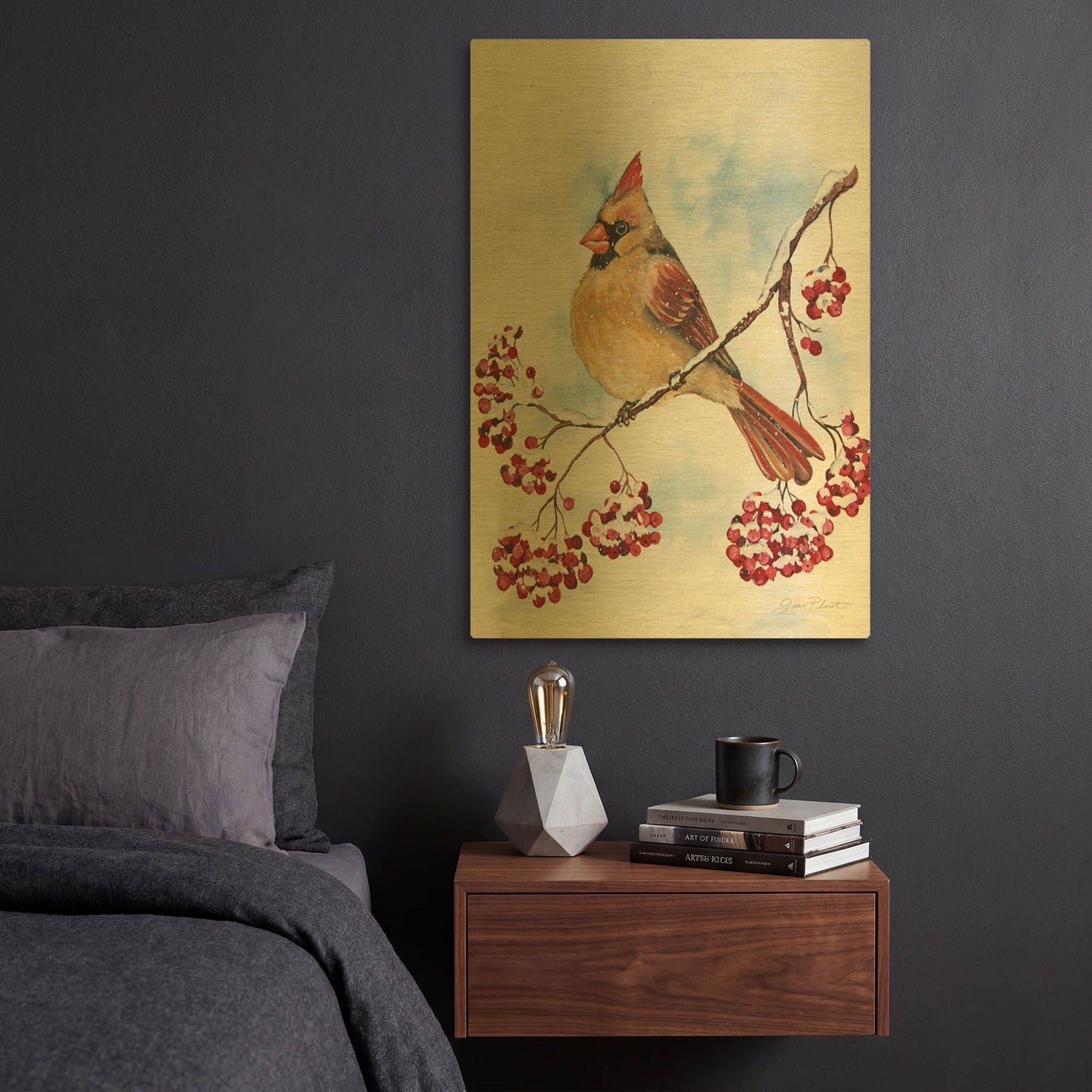'Cardinal And Winter Berries 1' By Jean Plout Gold Metal Wall Art