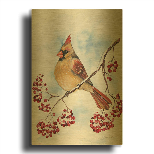 'Cardinal And Winter Berries 1' By Jean Plout Gold Metal Wall Art