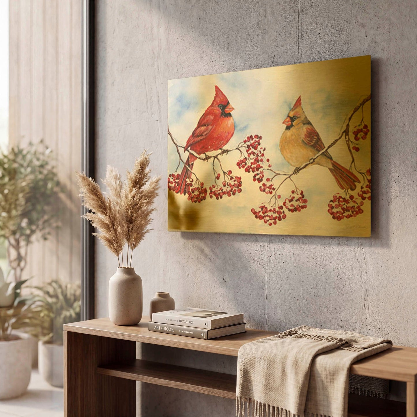 'Cardinals And Winter Berries' By Jean Plout Gold Metal Wall Art
