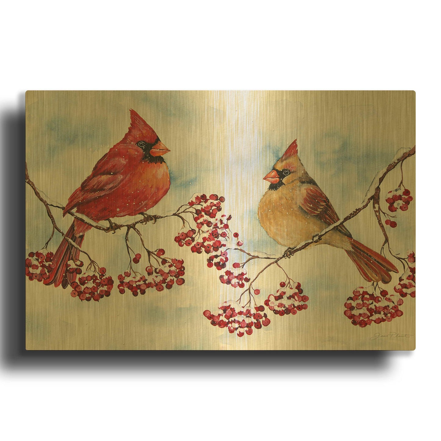 'Cardinals And Winter Berries' By Jean Plout Gold Metal Wall Art