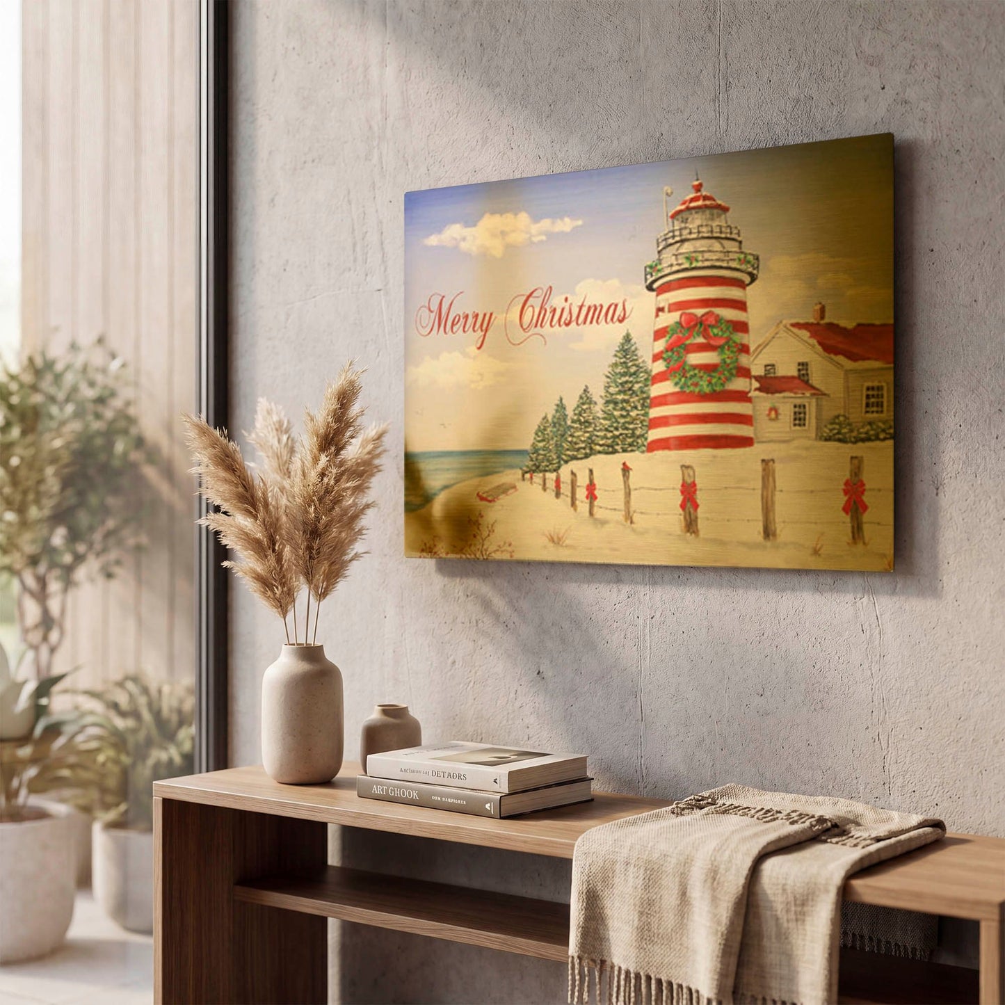'Christmas Lighthouse Merry Christmas' By Jean Plout Gold Metal Wall Art