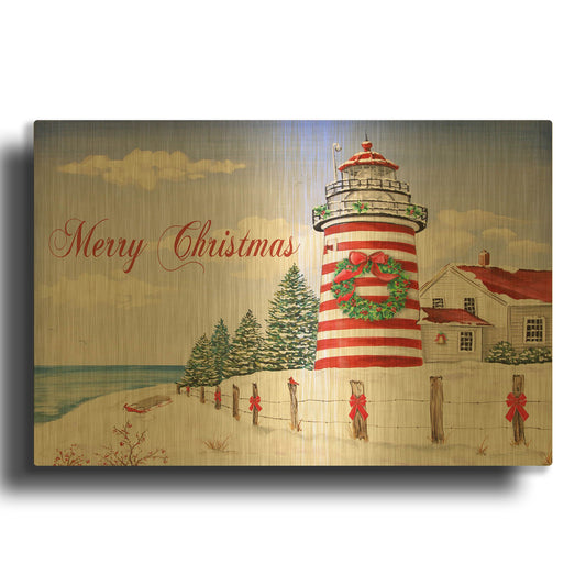 'Christmas Lighthouse Merry Christmas' By Jean Plout Gold Metal Wall Art