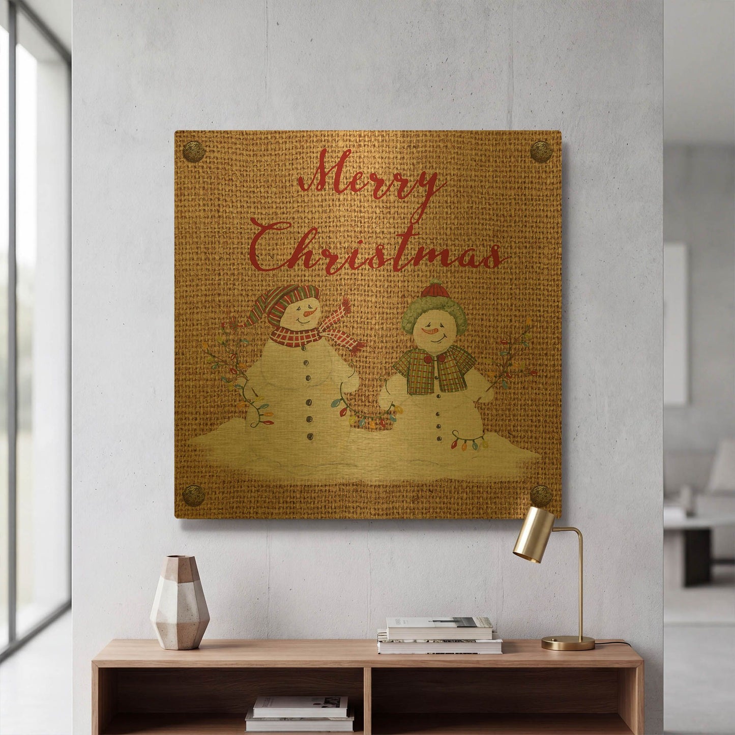 'Christmas On Burlap 8' By Jean Plout Gold Metal Wall Art