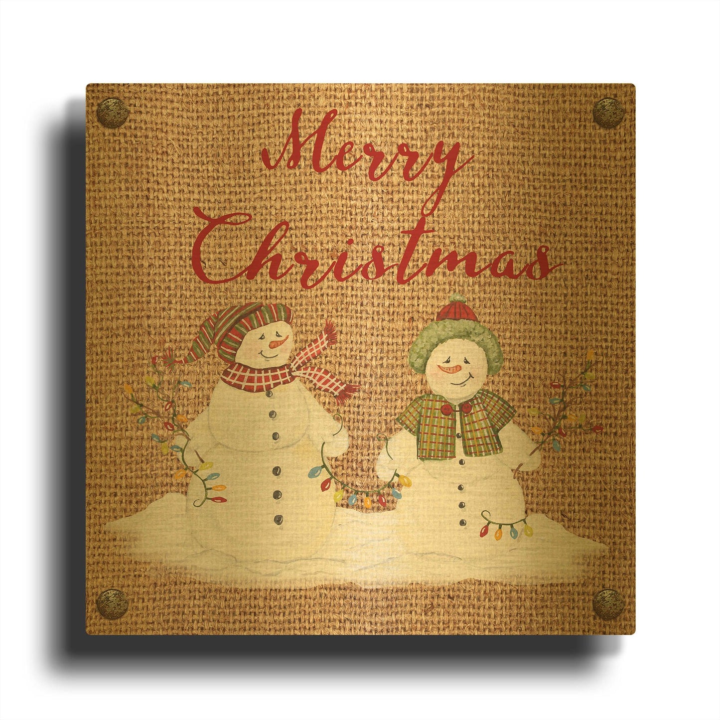 'Christmas On Burlap 8' By Jean Plout Gold Metal Wall Art