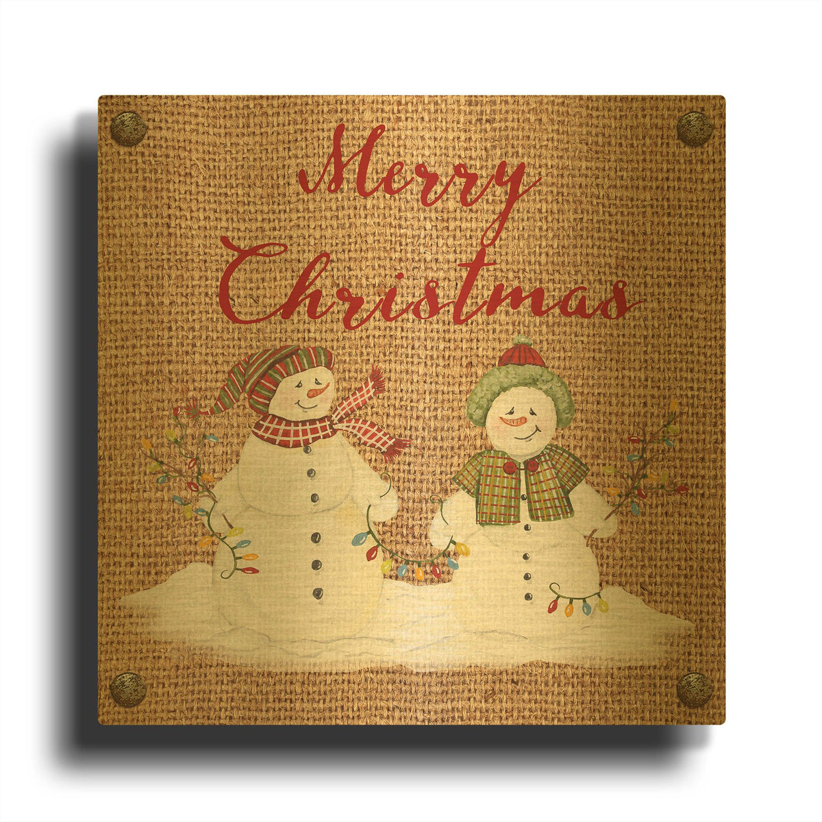 'Christmas On Burlap 8' By Jean Plout Gold Metal Wall Art