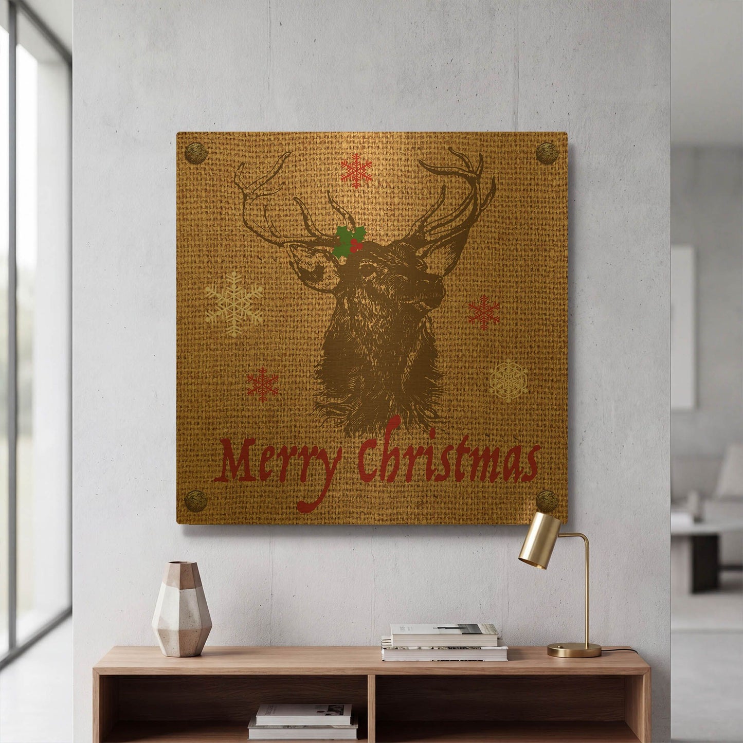 'Christmas On Burlap 7' By Jean Plout Gold Metal Wall Art