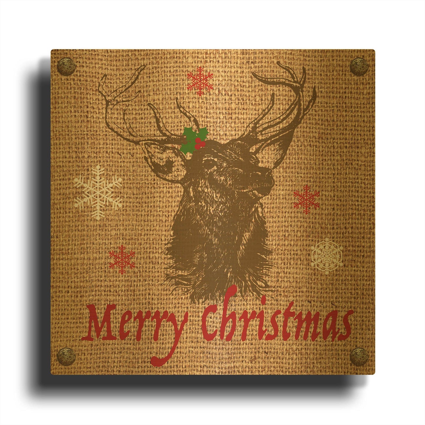 'Christmas On Burlap 7' By Jean Plout Gold Metal Wall Art