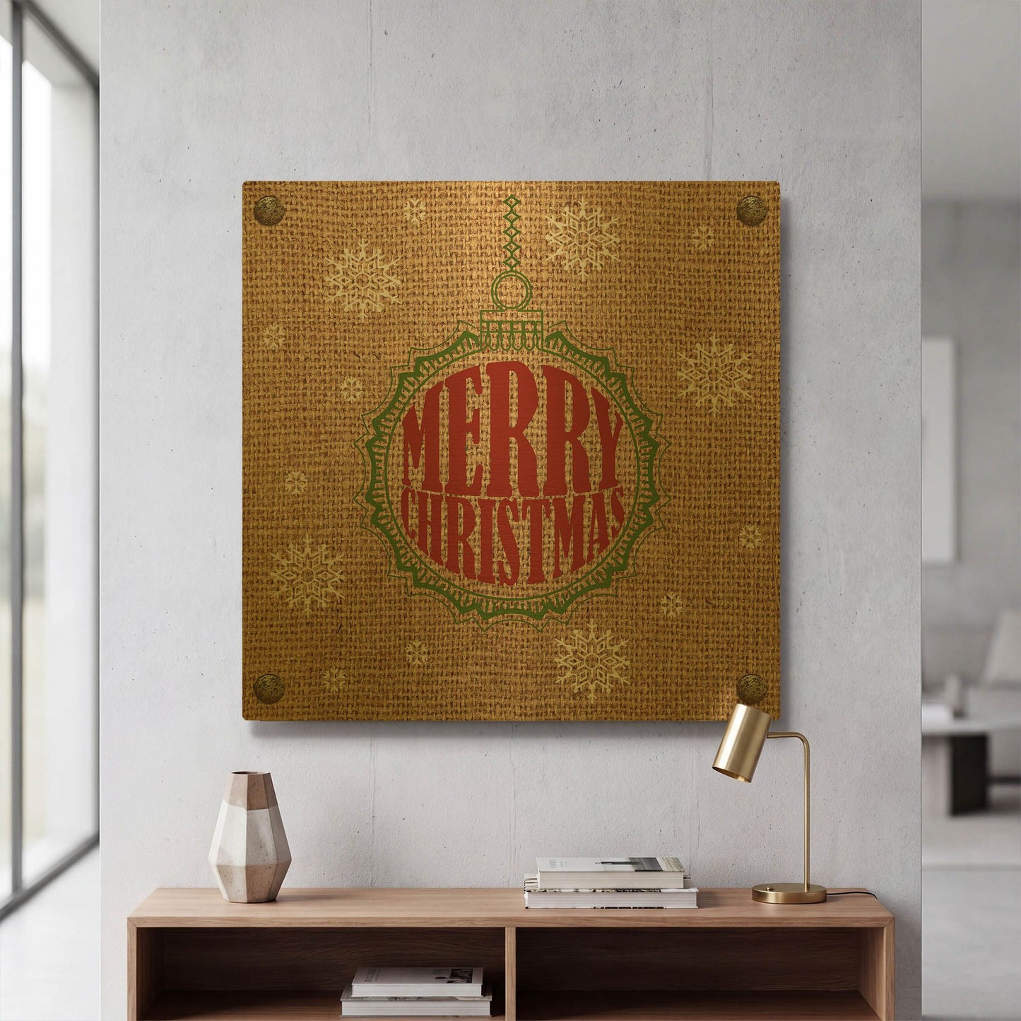 'Christmas On Burlap 6' By Jean Plout Gold Metal Wall Art