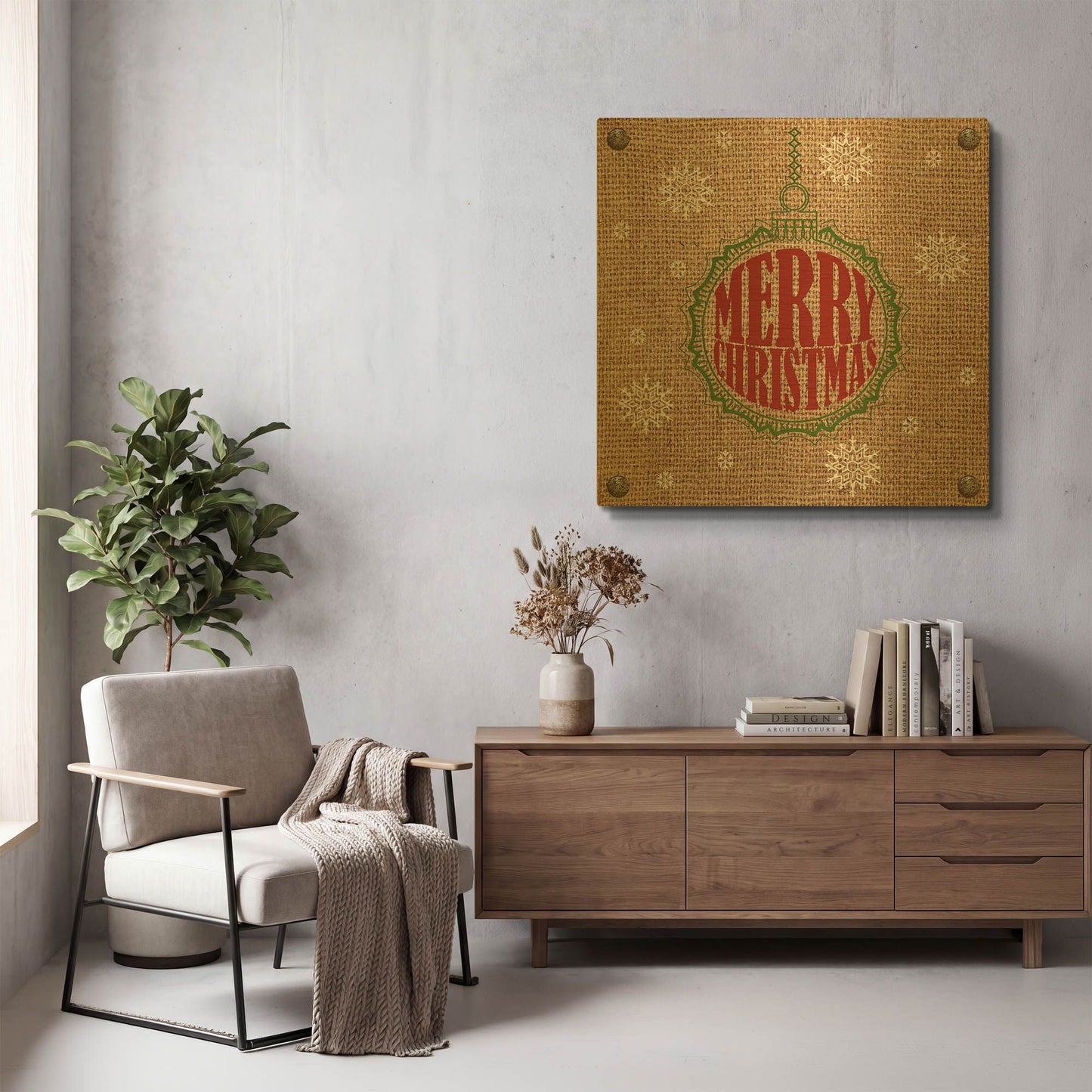 'Christmas On Burlap 6' By Jean Plout Gold Metal Wall Art