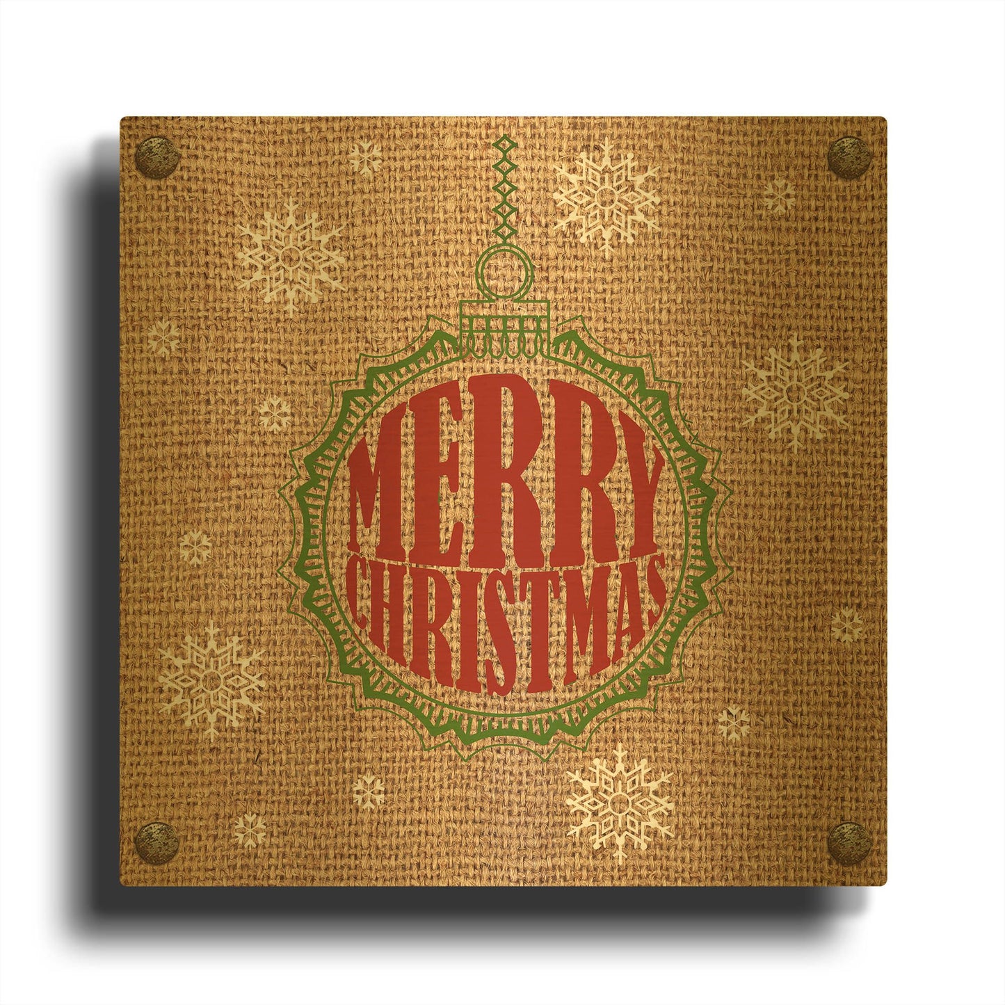 'Christmas On Burlap 6' By Jean Plout Gold Metal Wall Art