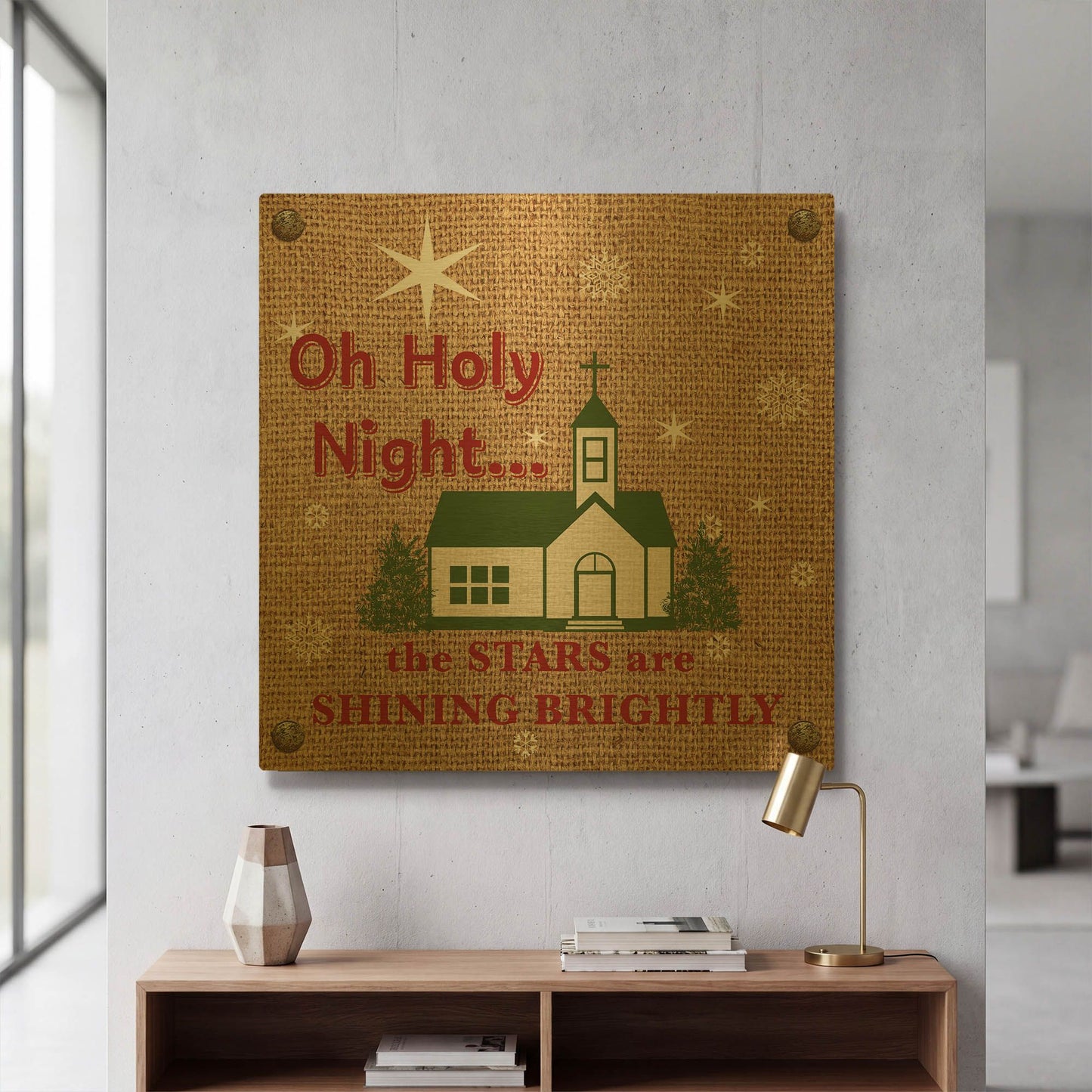 'Christmas On Burlap 5' By Jean Plout Gold Metal Wall Art