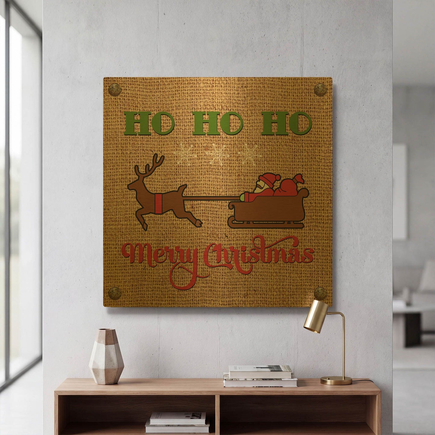 'Christmas On Burlap 4' By Jean Plout Gold Metal Wall Art