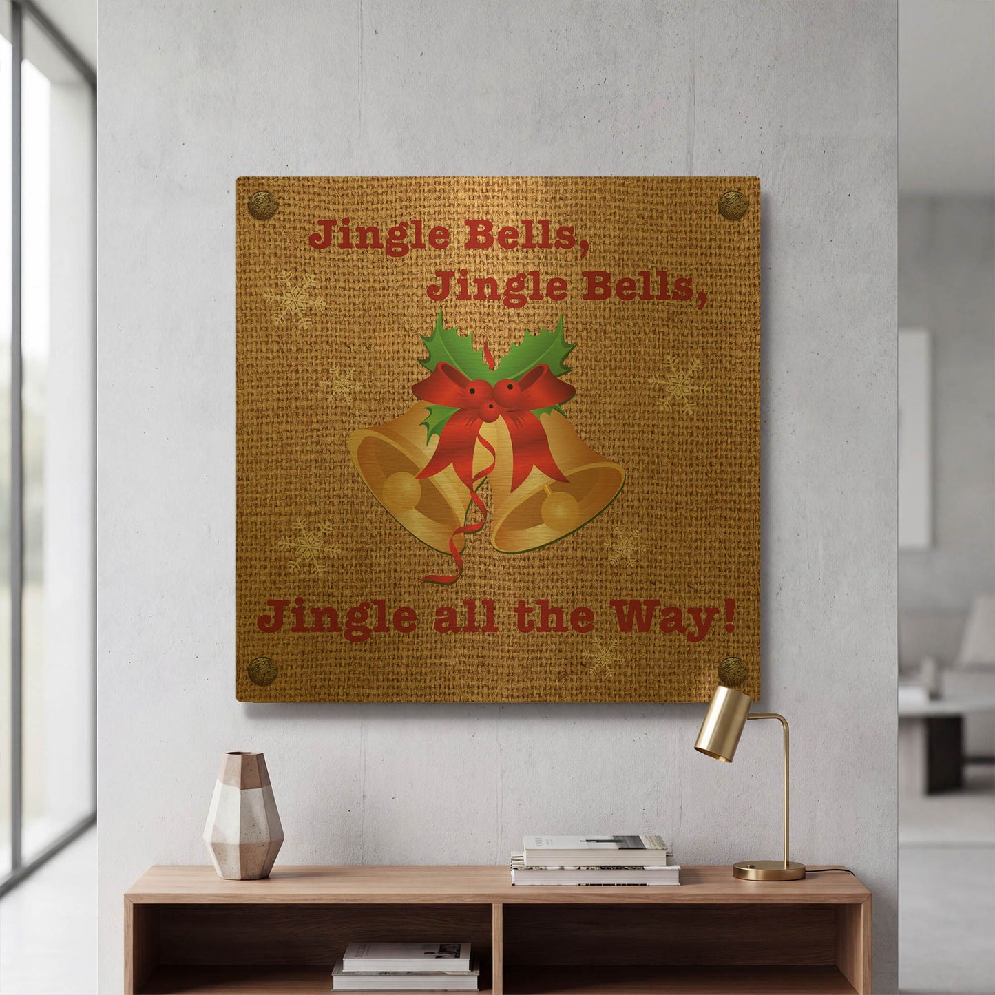 'Christmas On Burlap 3' By Jean Plout Gold Metal Wall Art